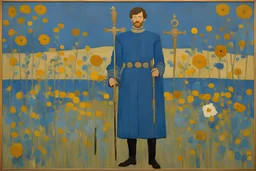 Euan Uglow-Klimt oil painting, Otherworldly, 1970s tufting tapestry the knight of blue and flowers standing with his weapon posing for painting