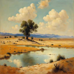 clouds, arid land, distant mountains, dry trees, pond, alfred sisley impressionism painting, Yves Tanguy