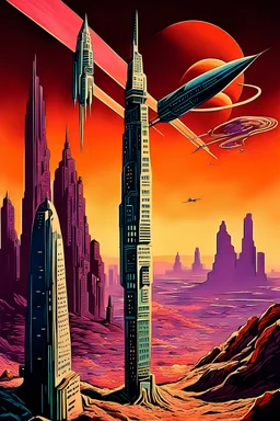 A painting in the style of the science fiction book covers from the 1960s. One small rocket in flight above a very distant high-technology mystic skyscrapers of an exotic city on an unknown planet of rocks and desert.