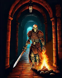 A frightening castle dungeon hallway with a skeleton warrior in rusty chainmail holding a burning torch painterly rpg art