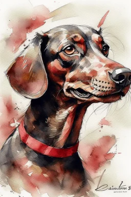 Watercolour Portrait of a happy dachshund in the style of Yoji Shinkawa, Guy Denning, Florian Nicolle, Willem Haenraets