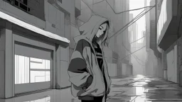 A brutalist architecture cyberpunk alley in a simple anime style, grayscale, rainy, dark, pitch black, foggy, with a girl wearing techwear clothing and a hoodie up leaning against the wall and showing her serious/emotionless face, with a more tanned skin tone, on the right side of the image