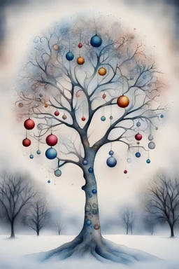 A leafless tree in winter, baubles, ornaments, snowflake cutouts, decorations, Elegant, fantasy, intricate, beautiful, colorful, Wassily Kandinsky, art deco style, textured pointillism, Minimalism, dreamy, Sherry Akrami, Watercolor with pen outlines, Magical, whimsy, Snowflake cutouts