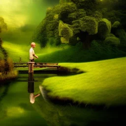 Landscape, the shire, fantasy, green, Brown, warm, a man sitten by the river