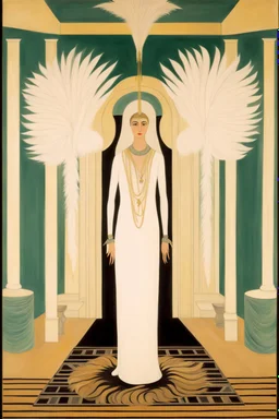 a woman with feathers in an Art Deco foyer by artist "Erté",by artist "Leonora Carrington"