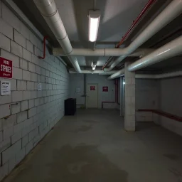 Photograph of a room museum, installation, cellar basement, brutalist, pipes, signs, empty, details of the walls very accentuated, liquid, noon-light