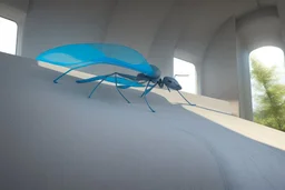 3D representation of architectural wonder, with a concrete design and matte reddish glass that contrasts with the light blue sky, emphasizing organic movement. Its design represents an ant with a bulbous tail and membrane wings with solar panels, its tail is made of concrete and glass. It stands out from pedestrians, creating a sense of scale. In open space, its use is a public place and as a great viewpoint in the mountains Combination of practicality and artistic expression in architecture