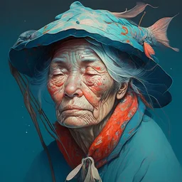 dream portrait of old female fisherman by james jean