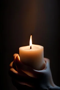close up photography of female hands holding strong a very long burning wax candle, in a dark room, ambient occlusion, photorealistic