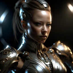 Generate an 8k image of a futuristic Hollywood superstar with android features, inspired by Luis Royo's art, wearing a metallic exosuit.