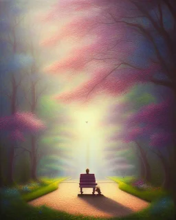 park mystical dream, park bench, man, woman, child, dog, trees, path, bird, sunshine, mystical, fantasy, romanticism, pastel colors, daylight, daytime, acrylic painting, detailed, soft focus,