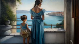 Neoclassicism mother and child waiting whole body zoom out realistic cote d'azur painting from the back