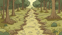 Cartoon style Forest with trees, muddy footprints in the path, in the middle of the picture. Trees on the left and right from the path.