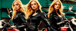 Poster for an action film called "The Motorbike Girls" starring Katherine McNamara, Margot Robbie and Georgia Henshaw wearing tight leather catsuits.