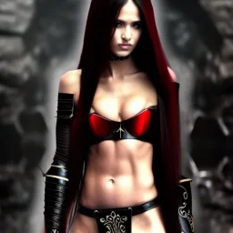 Ultra realistic, beautiful woman, long hair, 8-pack abs, black robe, evil, long nails, dark red and gold leather armour, magic, hung