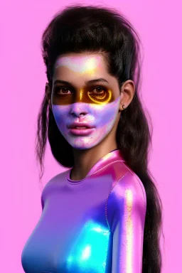 Ultra Realistic image, Rosalía artist, portrait, normal complexion, waist up portrait, long black eye line, sweet face, t-shirt with holes, inflatable hoodie, gold pink and blue style, spray glow make up, geometric led jewelry, fog, hot, inflatable style latex coat, vibrant color, highly detailed, art stations, concept art, smooth, unreal engine 5, god rays, ray tracing, RTX, lumen lighting, ultra detail, volumetric lighting, 3d, finely drawn, high definition, high resolution.