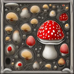 Patchwork, large Amanita muscaria mushrooms in a silver plate