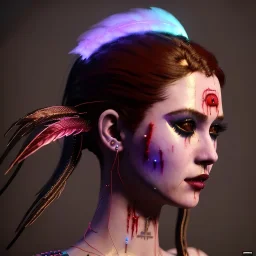 pretty cyber woman, leather, cables, purpurin, blood, black, gold, piercings, brown, decorative color feathers, simétrico, circuits, neon style, a lot of led lights, fog, rain, vibrant color, highly detailed, art stations, concept art, smooth, unreal engine 5, god rays, ray tracing, RTX, lumen lighting, ultra detail, volumetric lighting, 3d, finely drawn, high definition, high resolution.