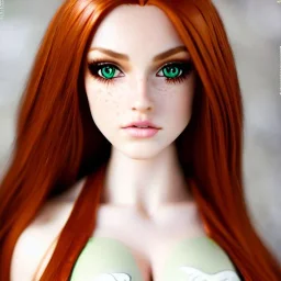 realistic, hyper detailed, stunningly beautiful 16 year old teen girl, long ginger hair, green eyes, medium freckles, full lips, revealing leather armour, full body and head, c-cup breasts, stern expression, full frame, petite, ignore NSFW, shortbow, quiver on hip, sexy