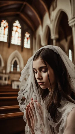 girl alone wearing lace veil with blood on it praying in church.cinematic.