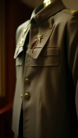 A hyperrealistic a front shot of an American general military uniform suit hanging on the wall with hanger, intricate details, soft natural light, screen captured from 4K Blu-ray