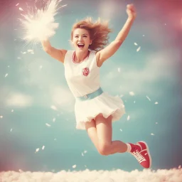 The youthful exuberance of adult cheerleader jumping in cotton outfit [vintage style noisy scratches glitches, Shot the texture and then rewound the film and double exposed]