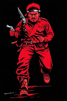 indigenous canadian warrior(uniform and face based on racist steriotypes) running towards viewer, a knife i one hand, and a gun(barrel pointing at viewer) in the other. blocky retro 1960's jack kirby style poster in monochrome with white background