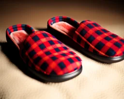 Red plaid slippers laying on a bearskin rug by log cabin hearth