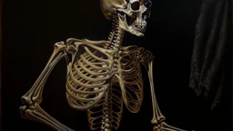 A realistic oil painting of a human skeleton, intricate details and shading, inspired by the works of Leonardo DaVinci and Albrecht Dürer, dark background with dramatic lighting, long shot to show full body, hyperrealistic style.