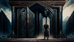 black king stands in front of huge door in mountain