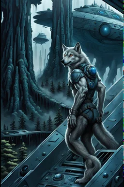 front an anthropomorphic wolf-man standing on spaceship's ramp on alien land and looking at the camera, around big white-blue fog and the spaceship's ruins . His gaze is directed towards the rain-soaked landscape, which is filled with towering trees with massive trunks. In background back him the spaceship and big fog. The atmosphere is a seamless blend of sci-fi and dark fantasy mood