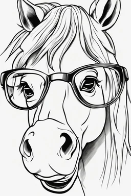 Outline art for cute coloring pages with horse with glasses, full body, white background, sketch style, only use outline, clean line art, no shadows and clear and well outlined.