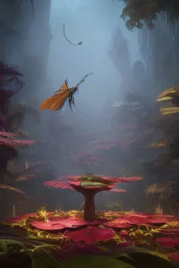 large venus fly trap with teeth eating a dragonfly, flowers, jungle, hyperrealistic, trees in background, digital art, alien like, disgusting, intricate, morbid, rainy, sinister, volumetric lighting, unreal engine, high resolution, 8k, depressing colors, dark colors, horror, horrific,