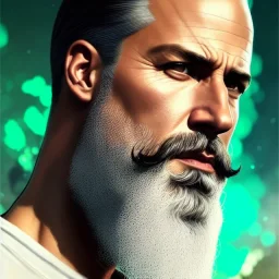 "MIddle aged white human male, with a trimmed but uneven beard, piercing green eyes with slick back hair,complete head and shoulders portrait, 8k resolution concept art portrait by Greg Rutkowski, Artgerm, WLOP, Alphonse Mucha dynamic lighting hyperdetailed intricately detailed Splash art trending on Artstation triadic colors Unreal Engine 5 volumetric lighting Splash art fantasy"