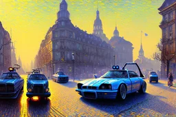 Sunny day, cyberpunk city, moedern cars, alfred sisley impressionism painting