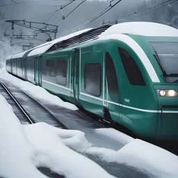 a highly detailed photograph of a sleek new emerald green passenger train during winter in Norway, portra 4 0 0 kodak - h 6 0 0 - w 7 0 0detailed face and eyes, muted tones, professional photo, photography, realistic hyperrealism