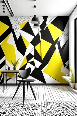 Create handpainted wall mural with triangles arranged in a whirling motion, creating a sense of movement inspired by Vorticism. Opt for a bold contrast of black, white, and bright yellow for a striking visual impact."