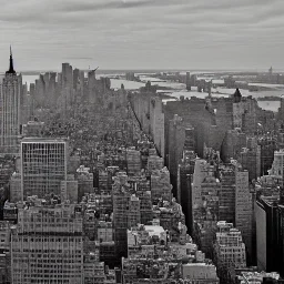  View of New York from afar in black and white after a nuclear omb with a banksy grafitti of a bleeding rat in red