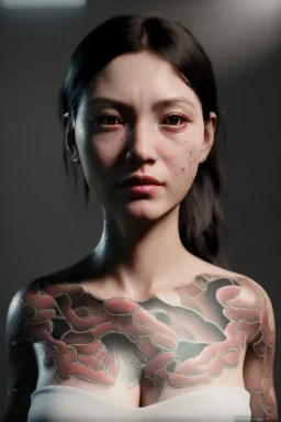 Ultra Realistic image, 30 years old woman, portrait, small complexion, natural small busty, traditional Japanese tattoo, jakuza style, vibrant color, highly detailed, art stations, concept art, smooth, unreal engine 5, god rays, ray tracing, RTX, lumen lighting, ultra detail, volumetric lighting.