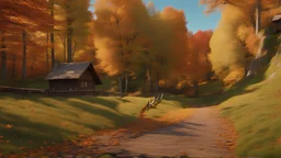 Rolling hills of autumn trees in a forest, a walking path beside o rumbling brook. Birds getting ready to fly south for the winter. A cozy cottage nearby. Hyper realistic, photo realistic, 8K UHD, cinematic, highly focused