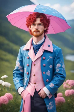 kind young sailor, man, red slightly curly hair, long jacket, pink-azure clothes, pink-azure cocked hat, white floral pattern on the jacket, flower in the hair. Pink and blue umbrella, stardew, valley style