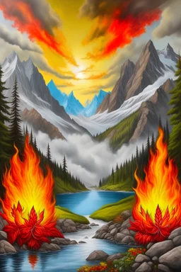 Water, air, fire, earth, Real swiss mountain landscape, Joy happiness, hyper real,