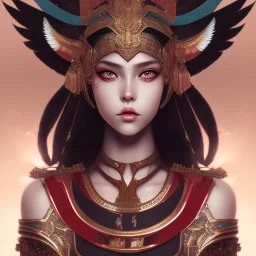 cute girl, egypitan head dress, red body suit. intricate details, full body portrait, keep head in frame, big , black Japanese motif, concept art, highly detailed, digital painting,