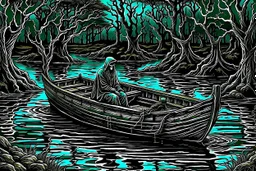 on the dark river in a boat the crepy boatman is the death goes for the souls of the dead people, surreal style, dark colors, strange landscape, detailed, sinister, depressive, surreal style crepy stunning