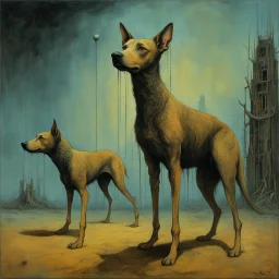 Eccentric dogs with sections missing and limbs underdeveloped, surreal, by Zdzislaw Beksinski. by Francis Bacon, matte oil painting, long brush strokes, weird, sinister, nightmarish, decalcomania