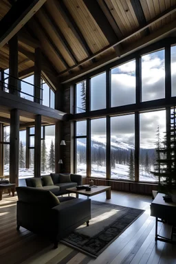 a double -height ceiling living room with a large floor-to-ceiling window one side log cabin, outside is a dark snow -covered landscape.