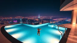 Luxurious pool in a futuristic skyscraper, transparent edge merging with the night cityscape, water illuminated from within with lights that subtly change color depending on the swimmer's movement, glowing city stretching to the horizon as an inverted reflection of a starry sky, minimalist architecture with clean lines and modern materials, elegant cyberpunk style with long exposure night photography