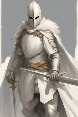 Knight wearing white armor and white cape with white face mask, holding a two handed sword