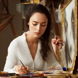 Close up of Beautiful female artist painting a self portrait in her attic studio, dramatic light, shadows