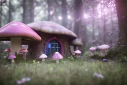 a cute fairy house pink and blue in the forest, spring time, mushrooms, 8k, flickering light, centered, high-quality, fine-detail, digital art, detailed matte, volumetric lighting, illustration, 3D octane render